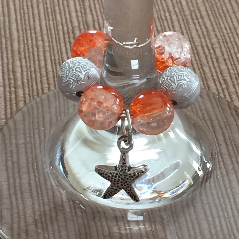 Wine Glass Charm 🍷 Orange silver starfish 🍹